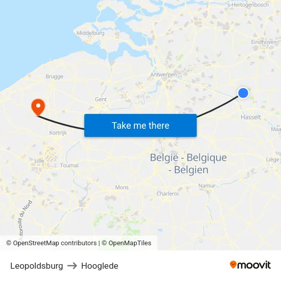 Leopoldsburg to Hooglede map