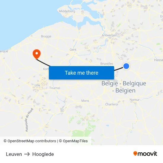 Leuven to Hooglede map