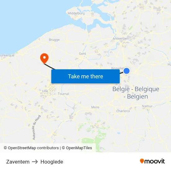 Zaventem to Hooglede map