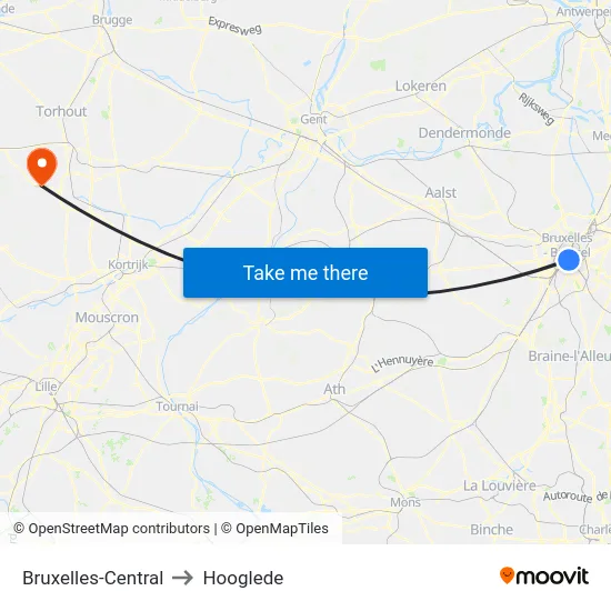 Bruxelles-Central to Hooglede map