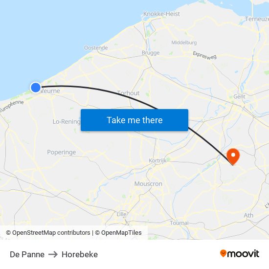 De Panne to Horebeke map