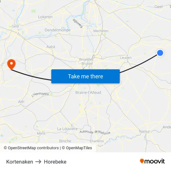 Kortenaken to Horebeke map