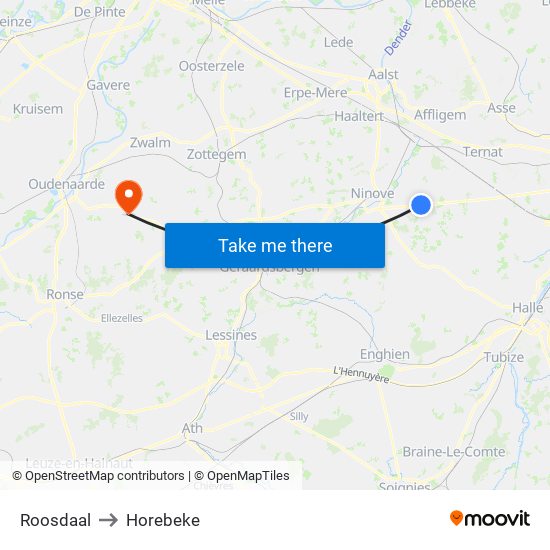 Roosdaal to Horebeke map