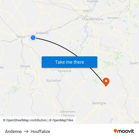 Andenne to Houffalize map