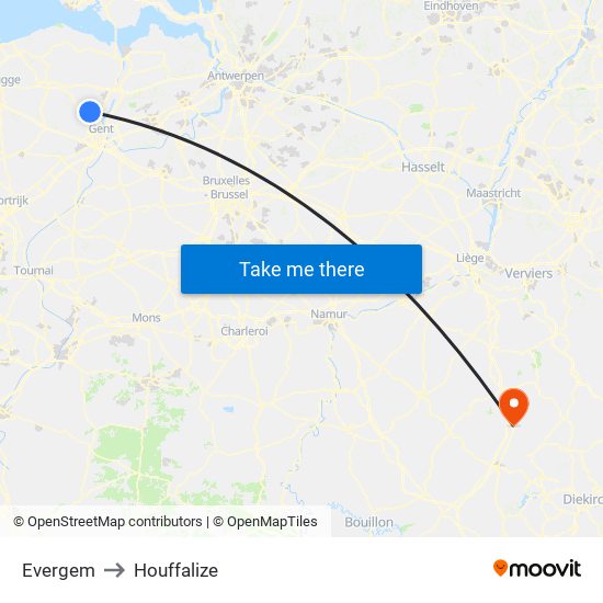 Evergem to Houffalize map