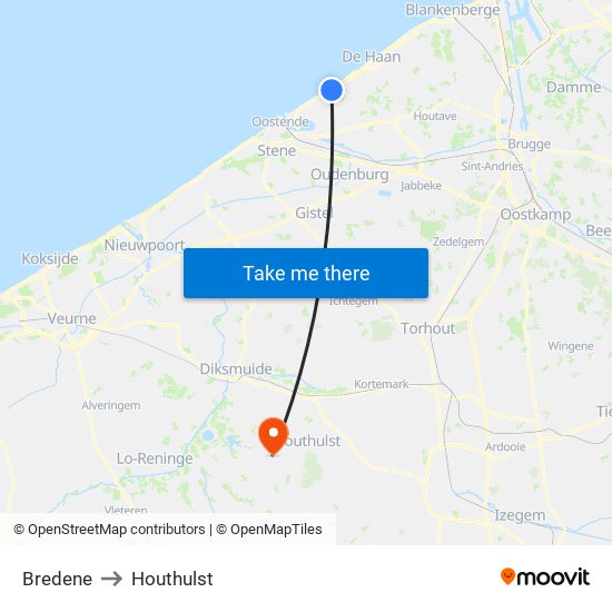 Bredene to Houthulst map