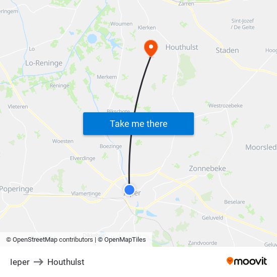 Ieper to Houthulst map