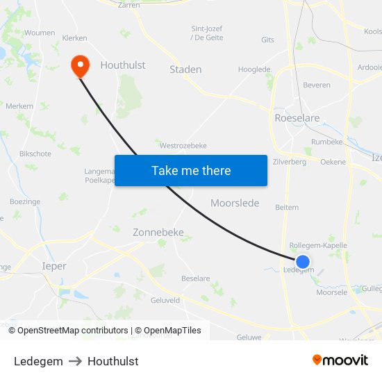 Ledegem to Houthulst map