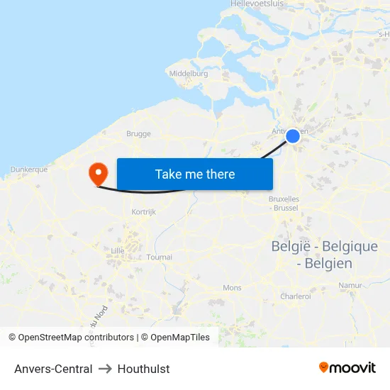 Anvers-Central to Houthulst map