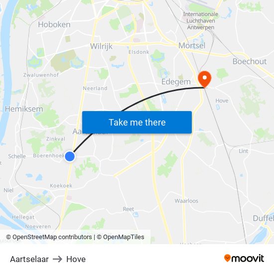 Aartselaar to Hove map