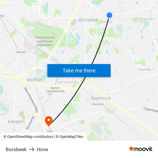 Borsbeek to Hove map