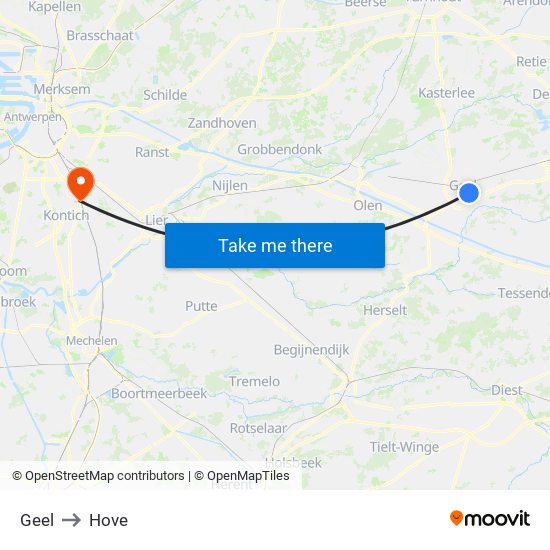 Geel to Hove map