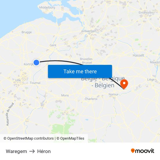 Waregem to Héron map