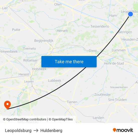 Leopoldsburg to Huldenberg map