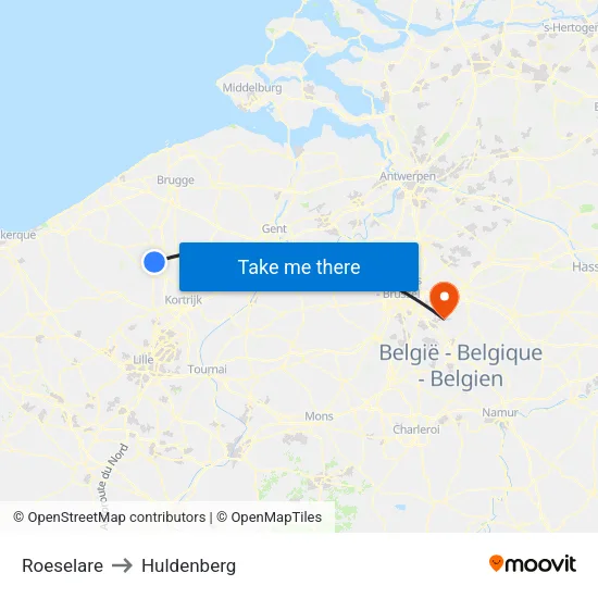 Roeselare to Huldenberg map