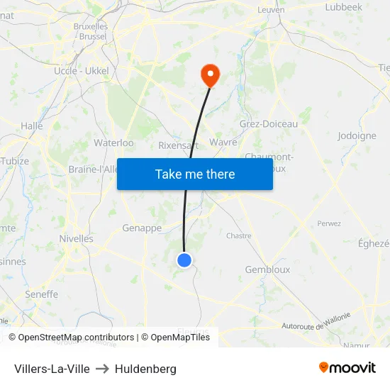 Villers-La-Ville to Huldenberg map