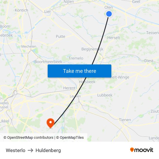 Westerlo to Huldenberg map