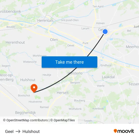Geel to Hulshout map