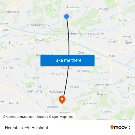 Herentals to Hulshout map