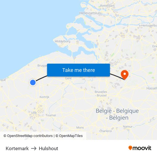 Kortemark to Hulshout map