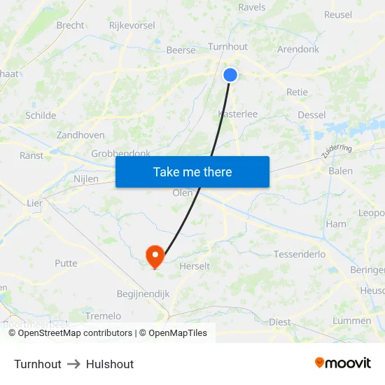 Turnhout to Hulshout map