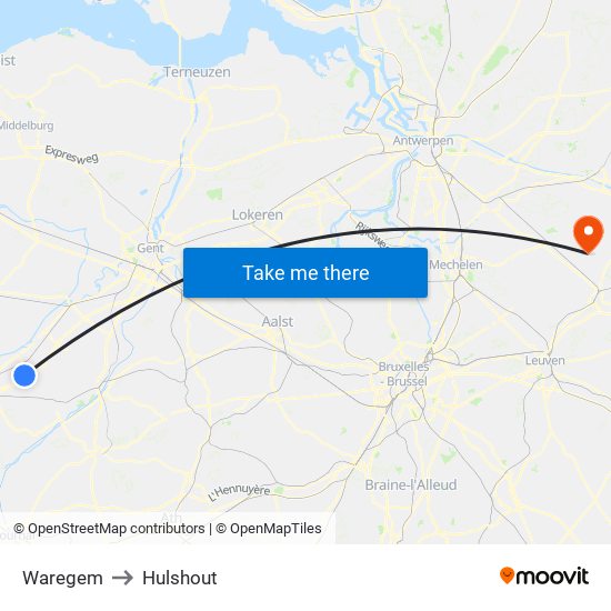 Waregem to Hulshout map