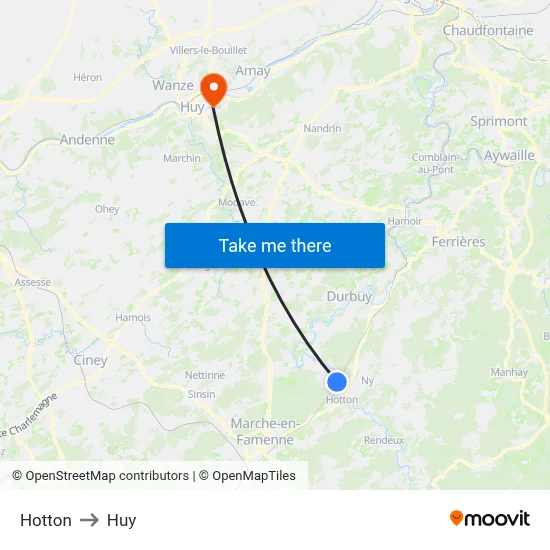 Hotton to Huy map