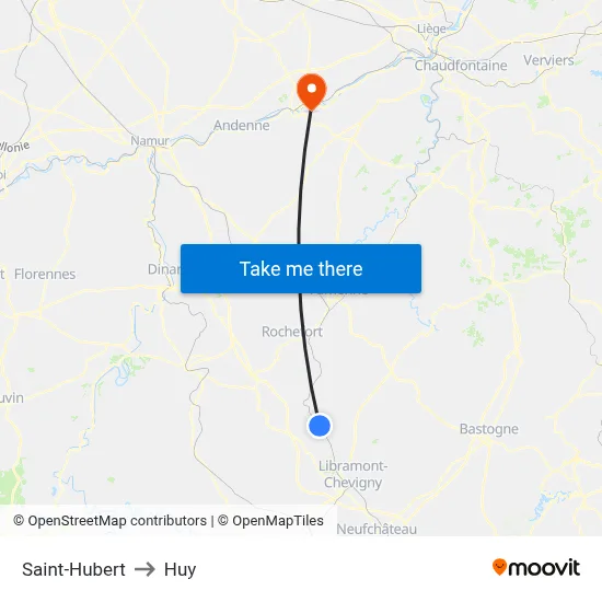 Saint-Hubert to Huy map