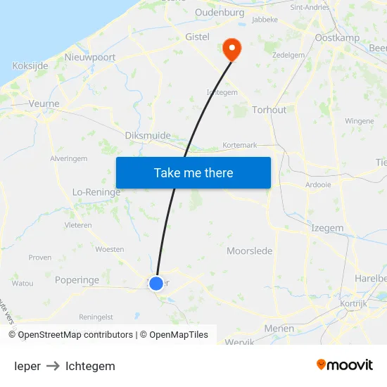 Ieper to Ichtegem map