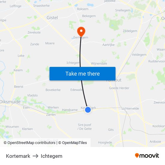 Kortemark to Ichtegem map