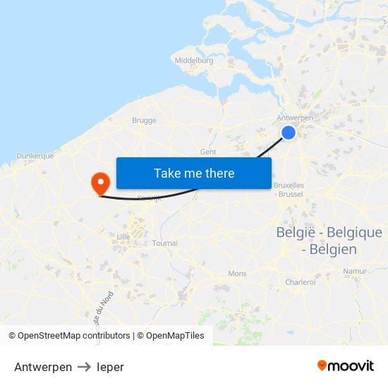 Antwerpen to Ieper map