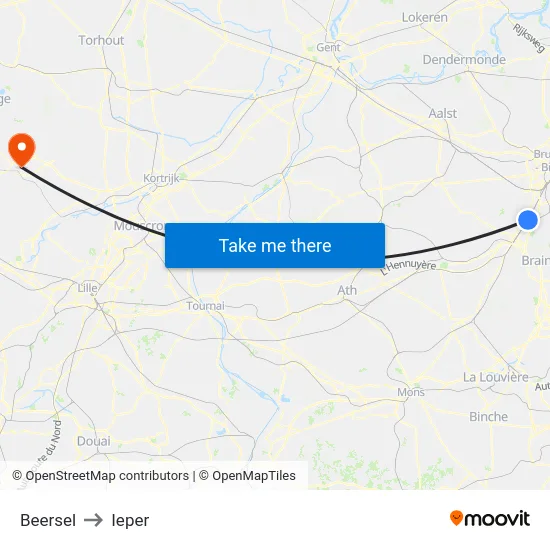 Beersel to Ieper map
