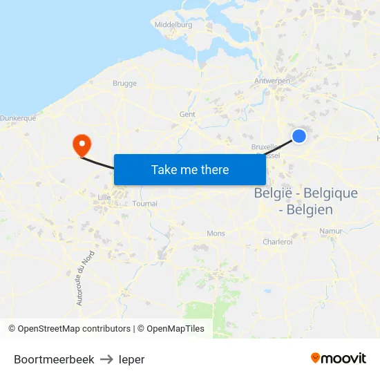 Boortmeerbeek to Ieper map