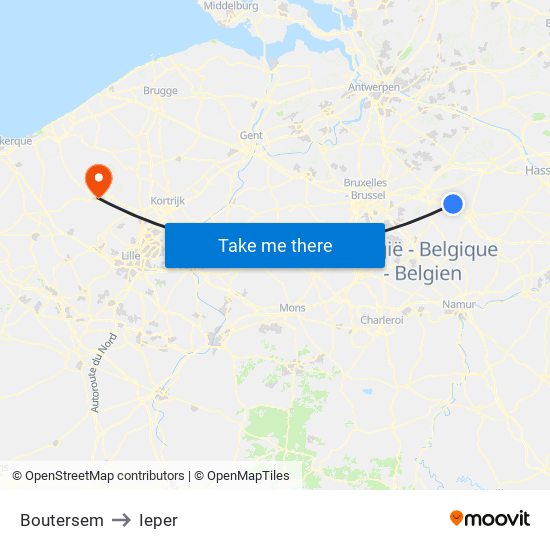 Boutersem to Ieper map