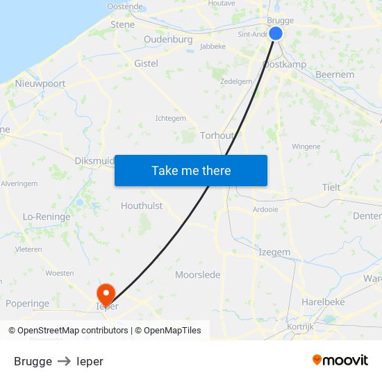 Brugge to Ieper map
