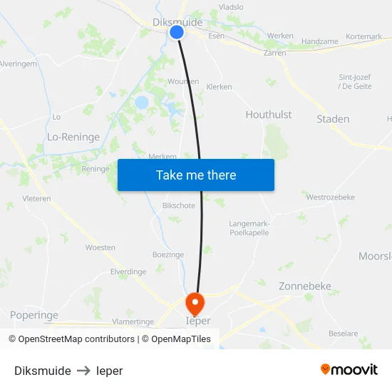 Diksmuide to Ieper map