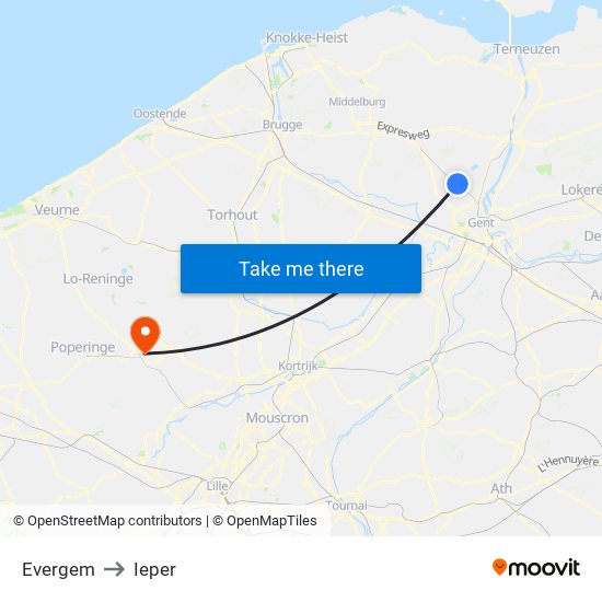 Evergem to Ieper map