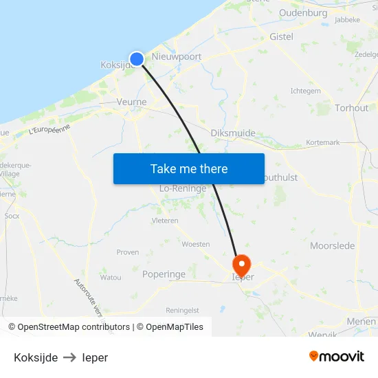 Koksijde to Ieper map
