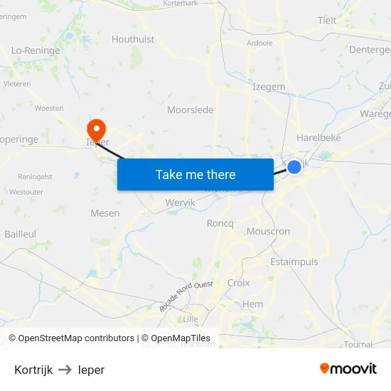 Kortrijk to Ieper map