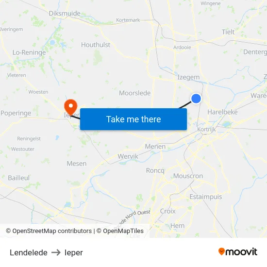 Lendelede to Ieper map