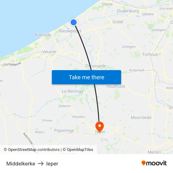 Middelkerke to Ieper map