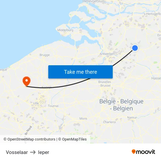 Vosselaar to Ieper map