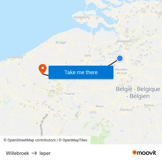 Willebroek to Ieper map