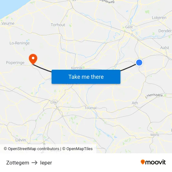 Zottegem to Ieper map