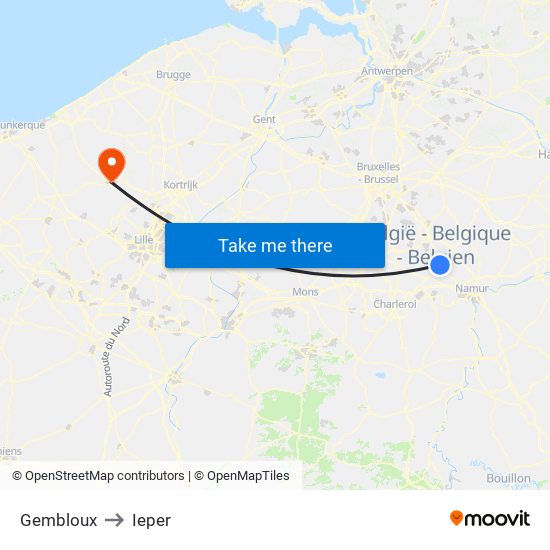 Gembloux to Ieper map