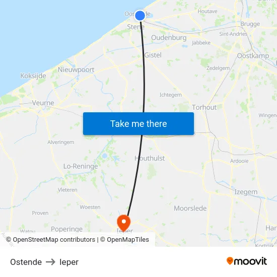 Ostende to Ieper map