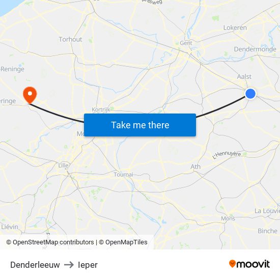 Denderleeuw to Ieper map