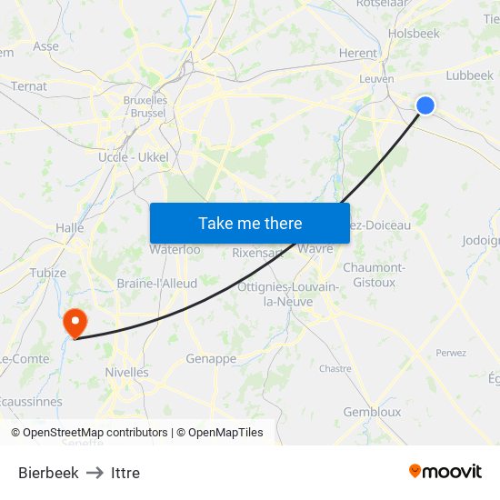 Bierbeek to Ittre map