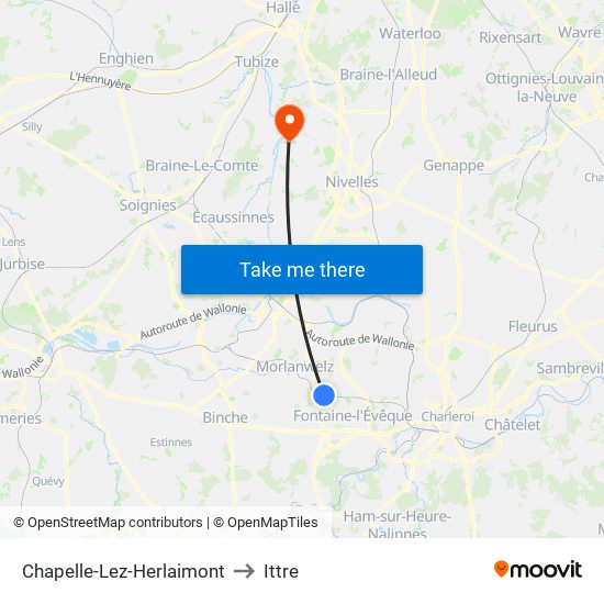 Chapelle-Lez-Herlaimont to Ittre map