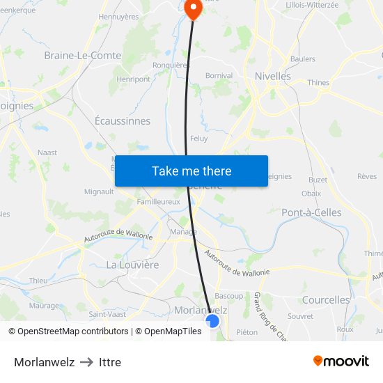 Morlanwelz to Ittre map